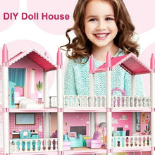 Pink dollhouse playset with open rooms, railing balcony, and teal interior furniture