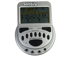 Silver handheld solitaire card game with green display and deal-draw button panel