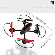 Black and red quadcopter drone with handheld remote controller shown with size guide