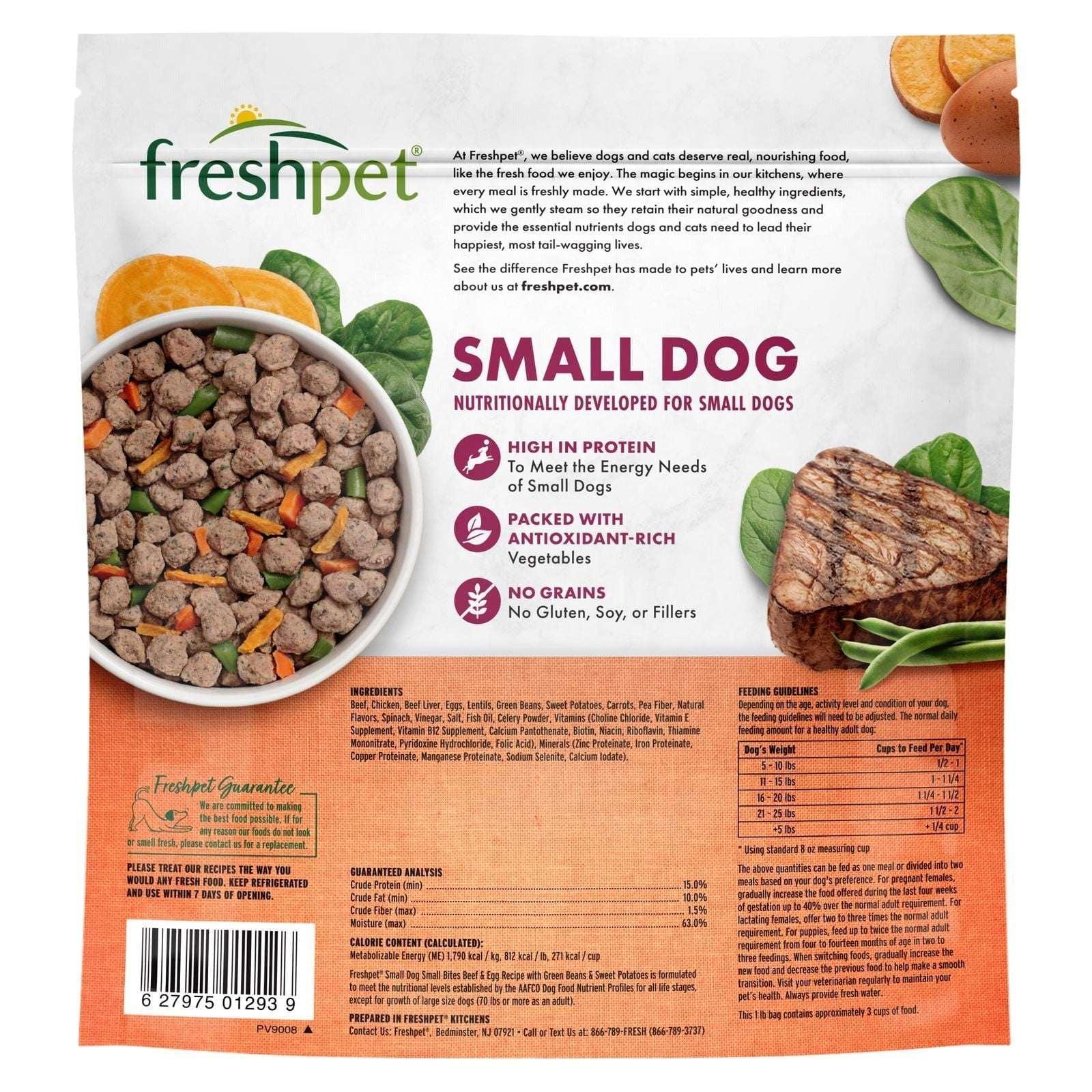 Freshpet Fresh Dog Food, Small Dog Beef & Egg Recipe, Small Bites Freshly Roasted Meals, 1 lb.