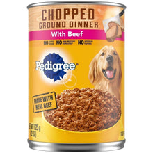 Dog wet food can, chopped ground dinner with beef, 22 oz