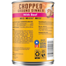 Dog wet food can back label for chopped ground dinner with beef