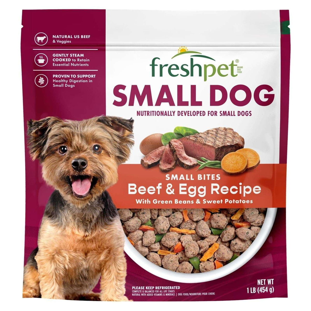 Freshpet Fresh Dog Food, Small Dog Beef & Egg Recipe, Small Bites Freshly Roasted Meals, 1 lb.