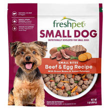 Freshpet small dog beef & egg kibble in maroon bag with dog and bowl graphic