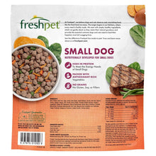 Freshpet small dog beef & egg recipe bag back panel with nutrition and ingredient details