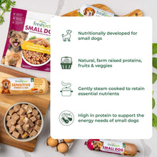 Freshpet small dog recipe label card with icons for proteins, steam cooking, and nutrition