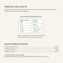 Freshpet feeding instructions and guaranteed analysis table for small dogs