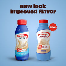 Premier protein vanilla shake bottles, blue with red caps and NEW badge