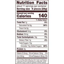 Nutrition Facts panel: 140 calories per serving of 9 pieces (29 g)