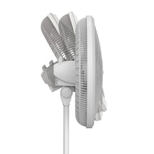 White pedestal fan side view with tilt mechanism and circular wire grille