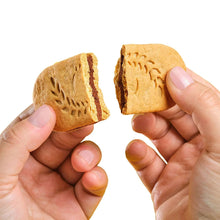 Two belVita dark chocolate creme sandwich biscuits held in hands, shown split