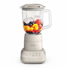 Countertop blender with clear 48 oz pitcher, lid, and light beige base, filled with fruit