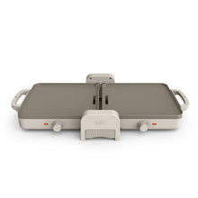 Dual temp griddle in oatmilk with front knobs and fold-up heat shield