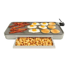 Electric griddle with warming tray, gray top with bacon, eggs, and diced potatoes.