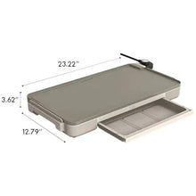 Electric griddle with warming tray, gray base with dimensions shown.