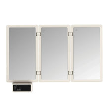 Foldable warming tray with three upright panels and hinged frame clips