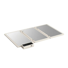 Foldable warming tray opened with three panels and base-mounted control