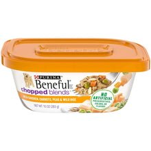 Beneful wet dog food tub with chopped blends, chicken, carrots, peas, and wild rice.