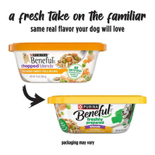 Beneful wet dog food tubs with orange lid and chicken vegetable blends packaging, with arrow.
