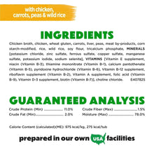 Wet dog food ingredients panel: chicken, carrots, peas, and wild rice.