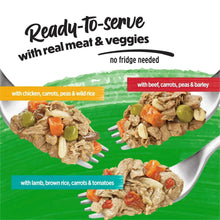 Ready-to-serve wet dog food portions with chicken, carrots, peas, and wild rice
