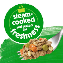 Steam-cooked wet dog food spoonful with peas and carrots
