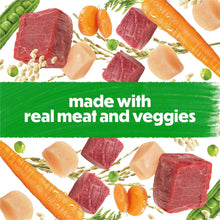 Real meat and veggies ingredient collage for wet dog food