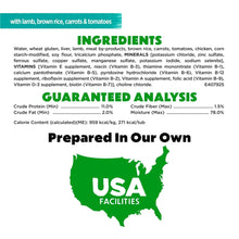 Guaranteed analysis and ingredients panel for wet dog food with lamb, USA facilities