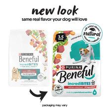 Purina Beneful Incredibites dry dog food bag, small-breed size; packaging comparison