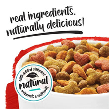 Dry dog kibble in bowl with natural badge for added vitamins and minerals