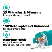 Dry dog food bag highlights: 23 vitamins & minerals, 100% complete & balanced