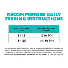 Feeding instructions chart for adult dogs, with cups by weight range
