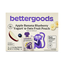 Bettergoods fruit pouch with Apple Banana Blueberry yogurt & oats label