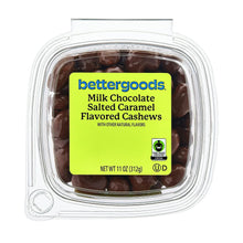 Milk chocolate salted caramel flavored cashews in clear plastic tray, bettergoods