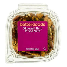 bettergoods Olive and Herb Mixed Nuts tub, 10 oz, clear plastic with purple front label