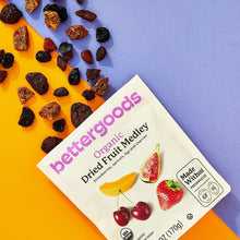 bettergoods Organic dried fruit medley pouch with dried fruit illustrations