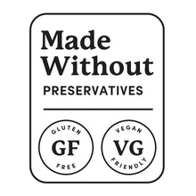 Made Without preservatives sticker: gluten free GF and vegan friendly VG