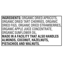 Ingredients list for organic dried fruit medley: apricots, tart cherries, figs