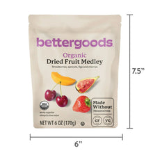 bettergoods Organic dried fruit medley pouch with size 6" by 7.5"