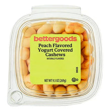 Plastic tub of Peach flavored yogurt covered cashews with green product label