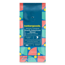 Specialty ground coffee bag, blue with geometric pattern and bettergoods logo