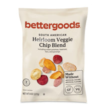 bettergoods Heirloom Veggie Chip Blend pouch, tan with mixed vegetable chips graphic