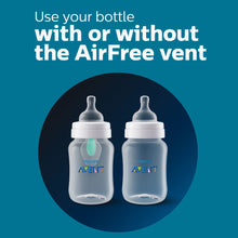 Anti-colic baby bottles, clear, shown with and without AirFree vent