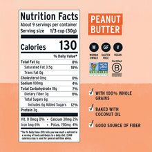 Granola nutrition facts panel and peanut butter badge with whole grains and fiber