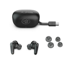 Black charging case with USB-C cable, two earbuds, and spare ear tips