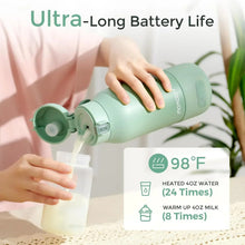 Green portable milk warmer with open top warming insert and feeding bottle