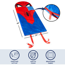 Marvel Spiderman sleeping bag with zipper and tented hood, red spider-web graphic