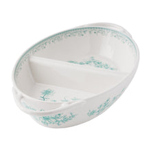 Green stoneware divided serving bowl with floral interior, two sections, side handles