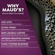 Coffee pods variety pack info panel showing low acid and 100% arabica