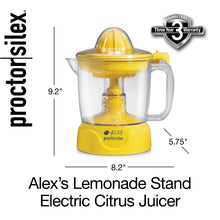 Electric citrus juicer with yellow base and clear pitcher, shown with size markers